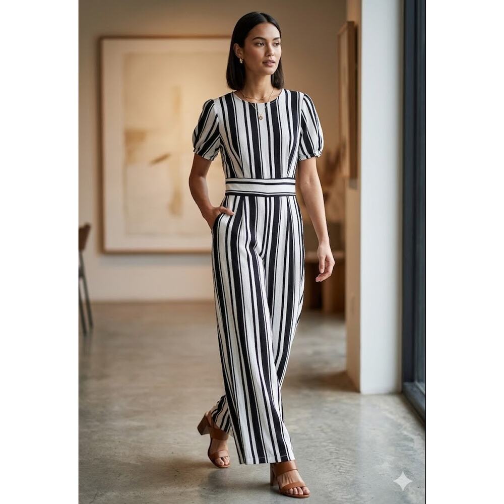 Striped Jumpsuit Womens Medium Black White Puff Sleeve‎ Wide Leg Summer Casual